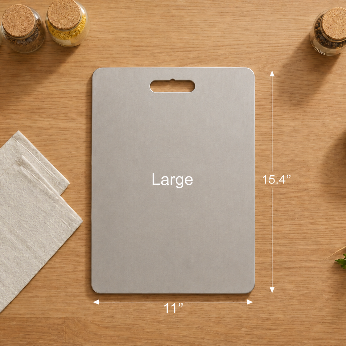 A large gray cutting board with a handle cutout, shown from above on a wooden table with dimension arrows and labels indicating 15.4 inches tall by 11 inches wide.