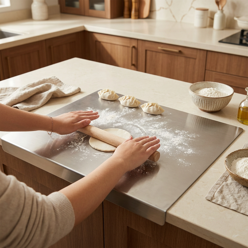 A stainless steel kitchen countertop mat with a drop-in corner, shown in a warm, modern kitchen. A person's hands are rolling out dough on a floured surface, with three dumplings and bowls of flour nearby.