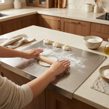 A stainless steel kitchen countertop mat with a drop-in corner, shown in a warm, modern kitchen. A person's hands are rolling out dough on a floured surface, with three dumplings and bowls of flour nearby.
