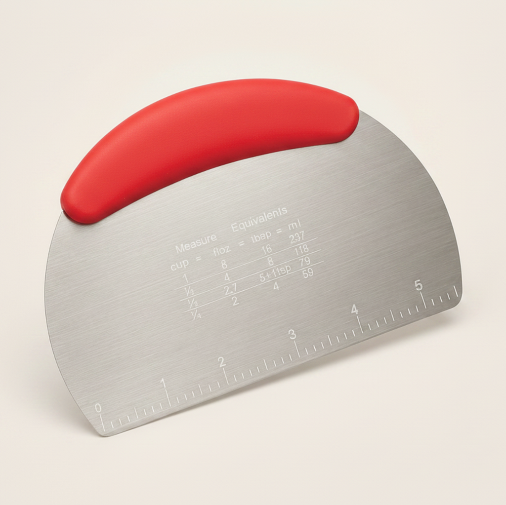 A stainless steel measuring scoop with a red ergonomic handle, featuring engraved measurement conversions and a ruler scale on the front, set against a solid off-white background.