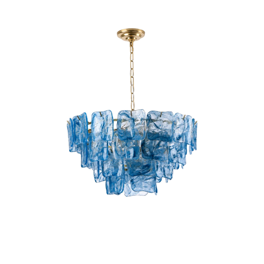 A modern tiered chandelier featuring textured blue glass panels suspended from a gold-toned chain and ceiling canopy, shown against a plain white background.