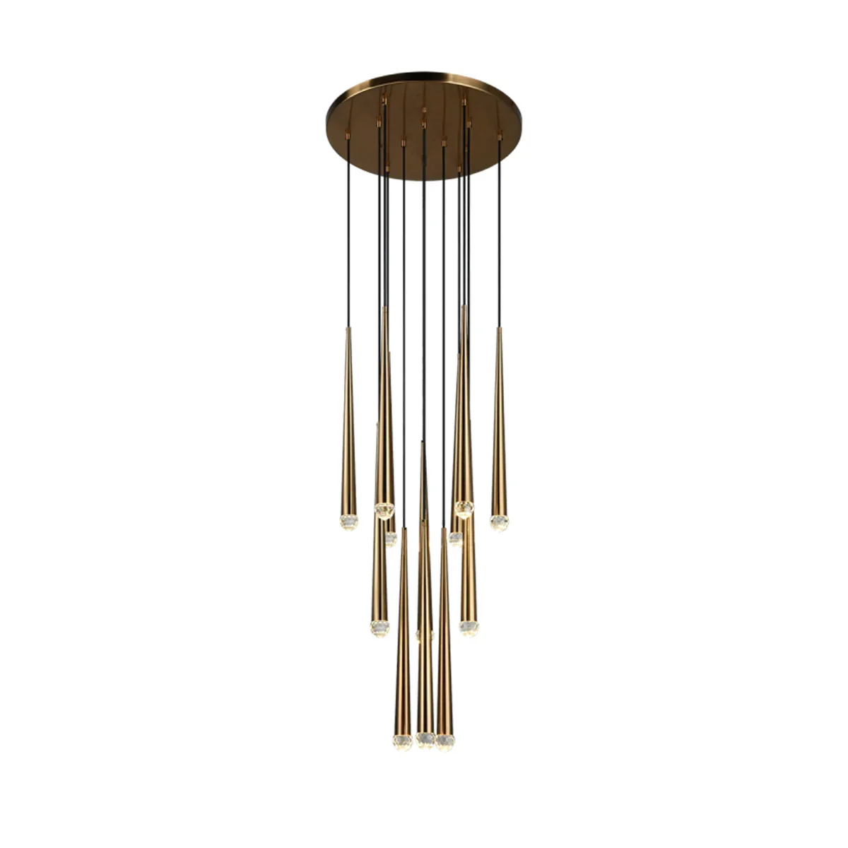 A modern multi-light linear chandelier with a circular brushed brass canopy, multiple vertical black suspension rods, and tapered brass glass shades, shown against a plain white background.