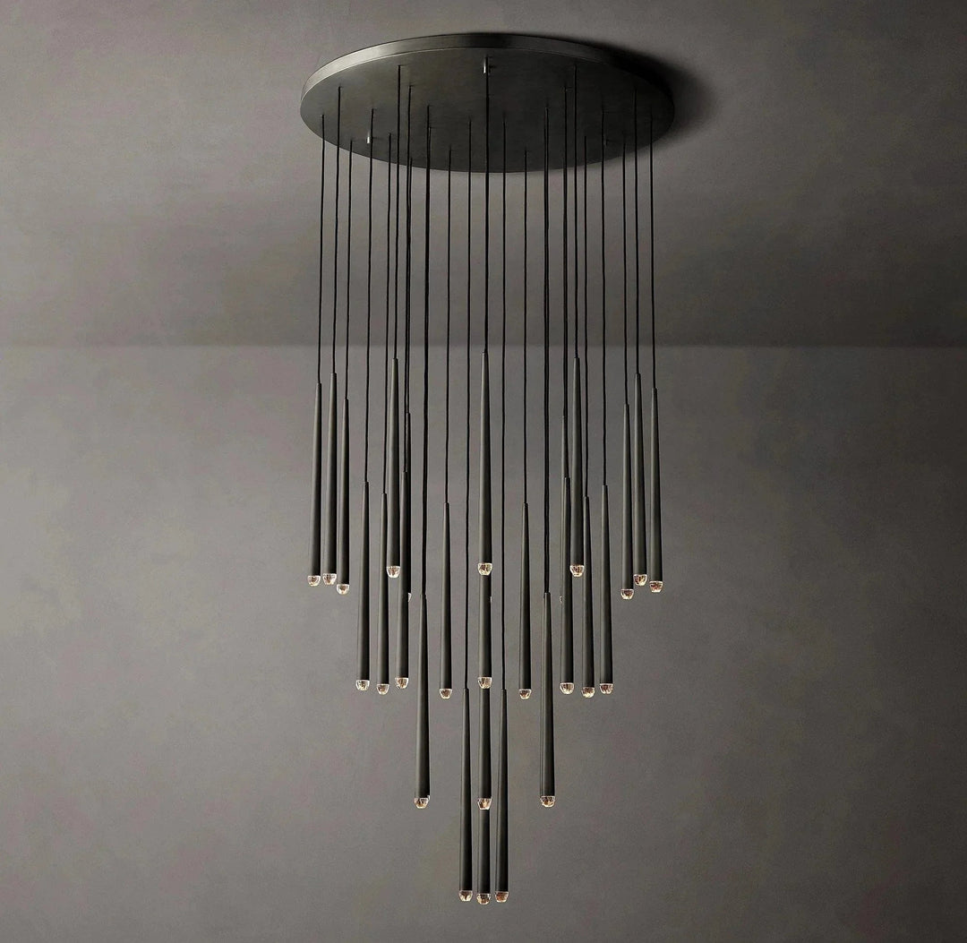 Modern black chandelier against a gray wall