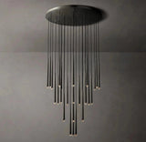Modern black chandelier against a gray wall
