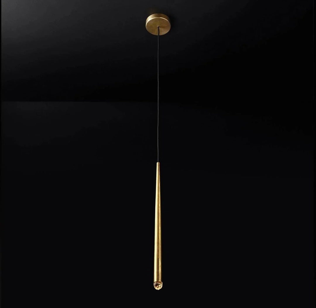 Chandelier shown with a single tapered brass tube, crystal tip, black cord and matching round canopy against a black background.