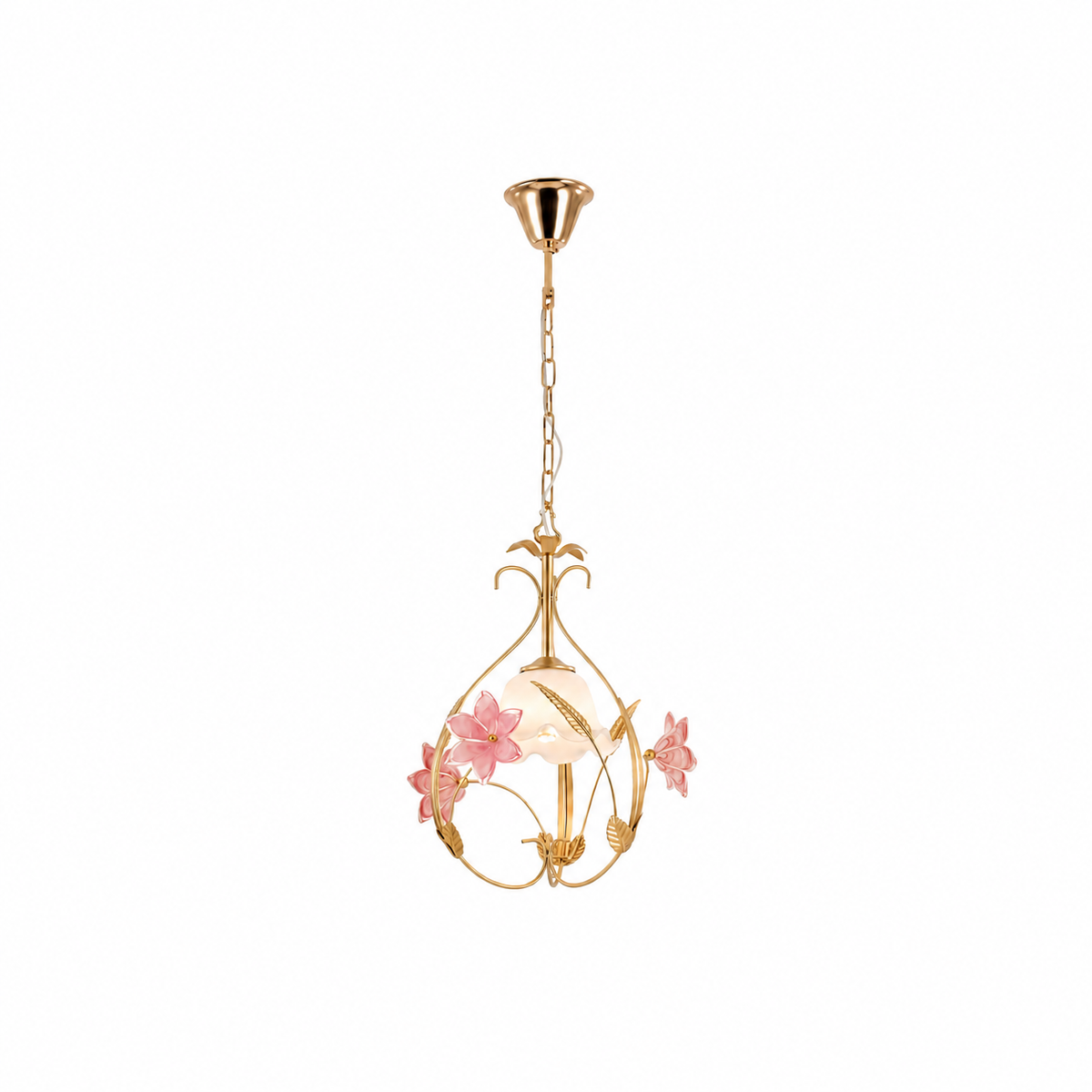 Decorative pendant light with floral design on a white background