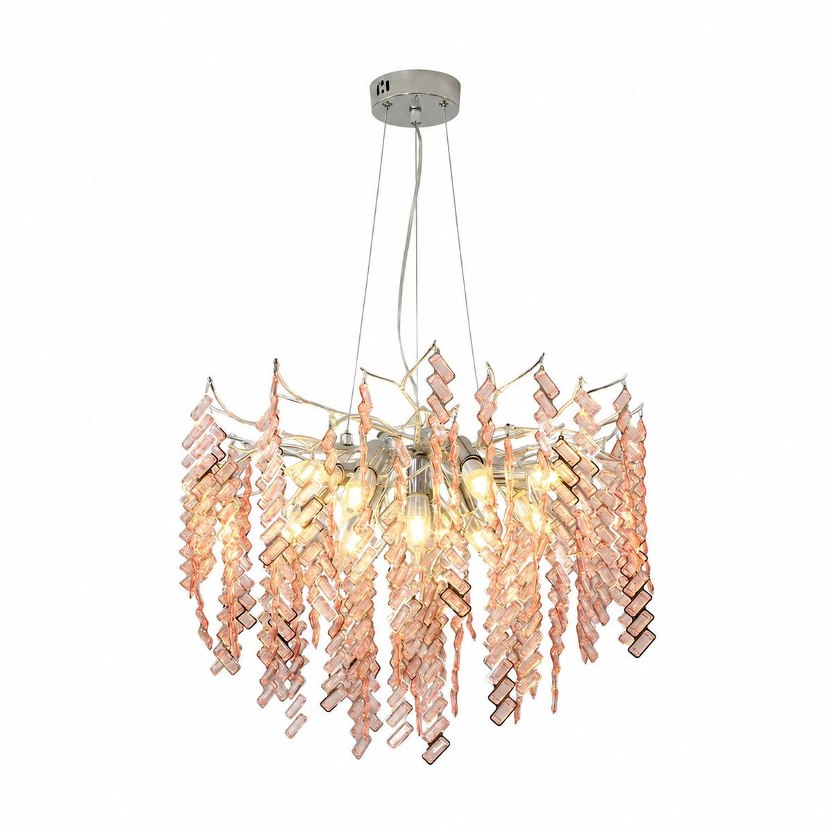 Chandelier with cascading pink translucent pieces, illuminated bulbs, and a silver ceiling canopy against a white background.