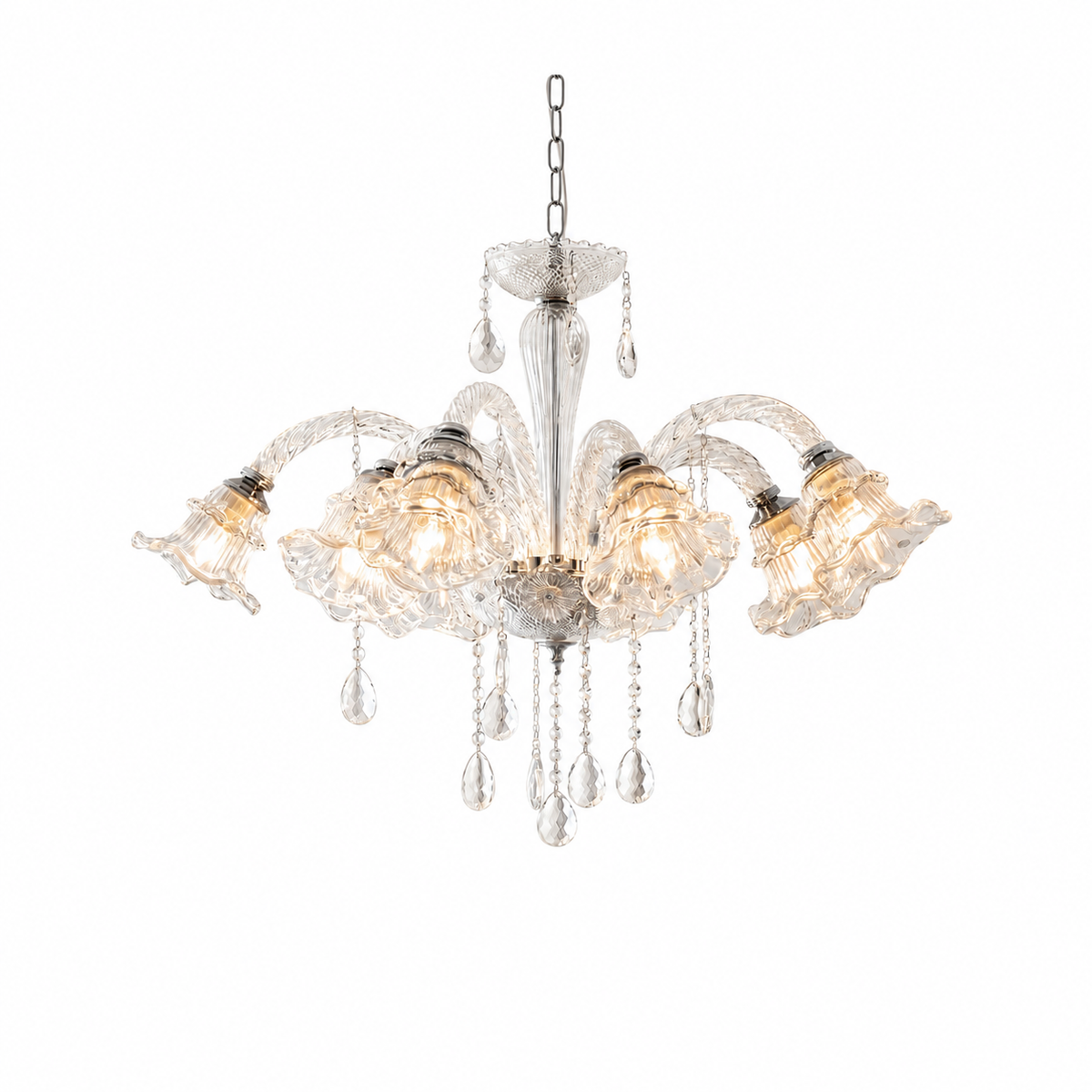 A five-light crystal chandelier with fluted glass shades and hanging teardrop pendants, shown illuminated against a plain white background.