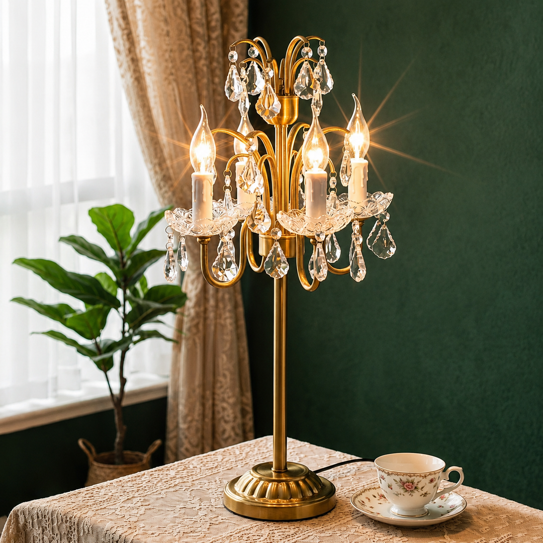 A gold brass table lamp with six candle-style lights and hanging crystal prisms, set on a patterned tablecloth next to a teacup in a styled room.