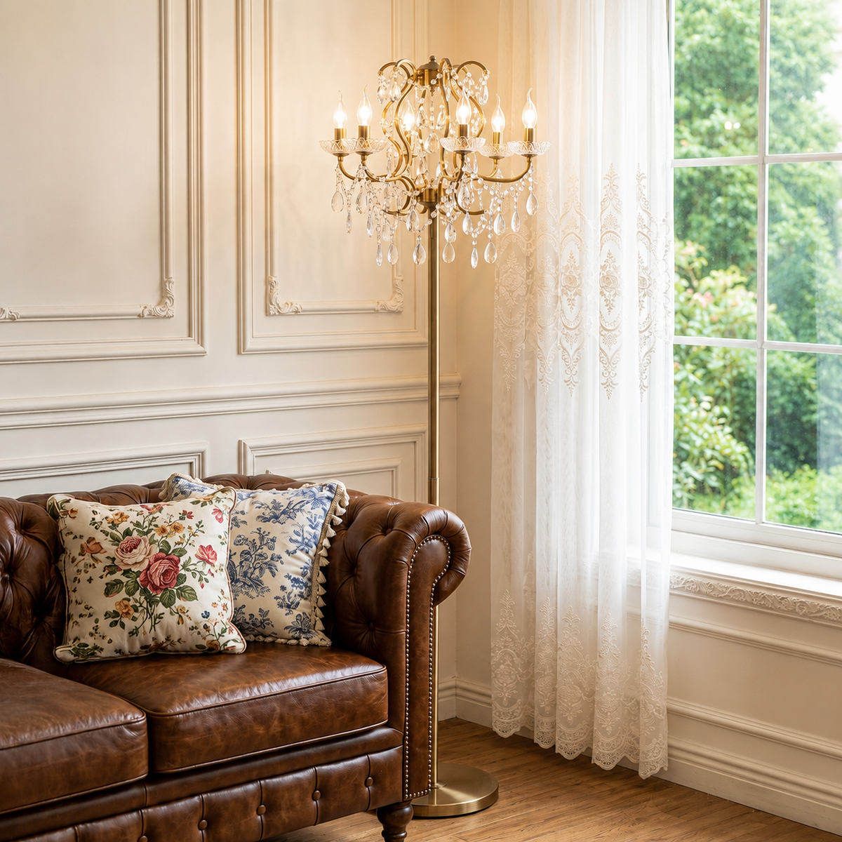 A classic brass floor lamp with crystal droplets stands next to a brown leather sofa with floral throw pillows in a beautifully decorated room with white paneled walls and a window with sheer curtains.