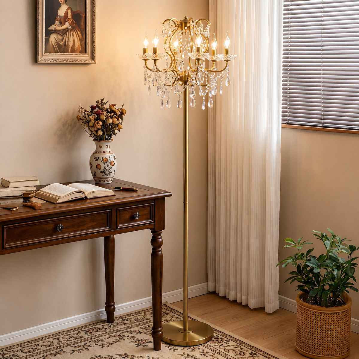 A gold-toned crystal chandelier floor lamp stands in a warmly lit room beside a wooden desk, curtains, and a potted plant.
