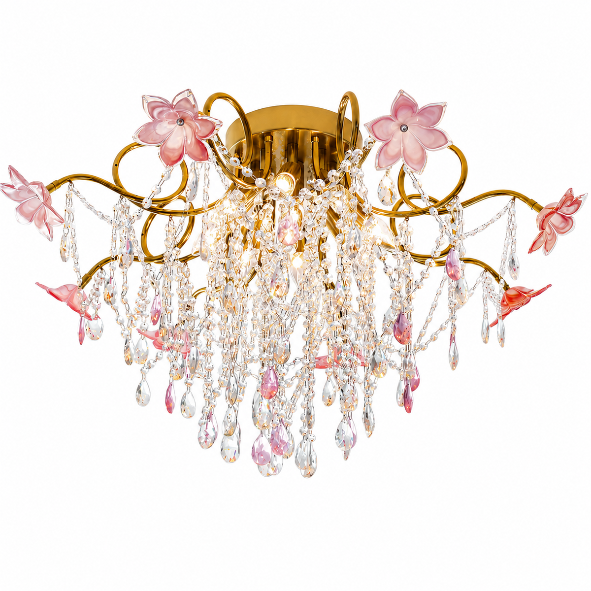 Gold-tone chandelier with curling arms, pink flowers, and cascading clear and pink teardrop pendants against a white background.