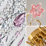 Collage of a crystal chandelier detail: large faceted clear teardrop beads, a pink teardrop crystal pendant, a pink flower-shaped ornament with a small silver center, and a close-up of a gold metal frame.