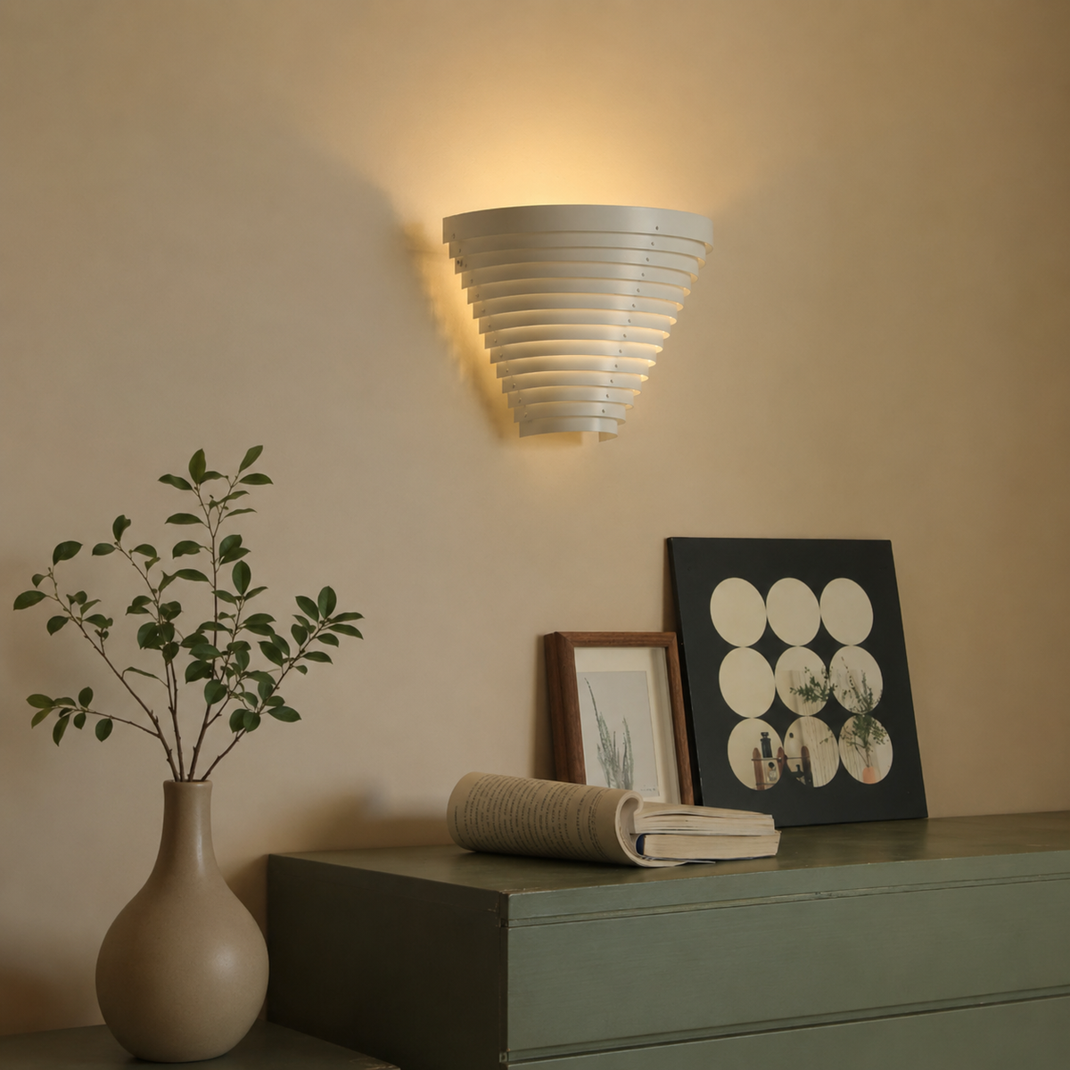A modern white ribbed conical wall sconce mounted on a beige wall above a green console table with a vase, book, and framed art.