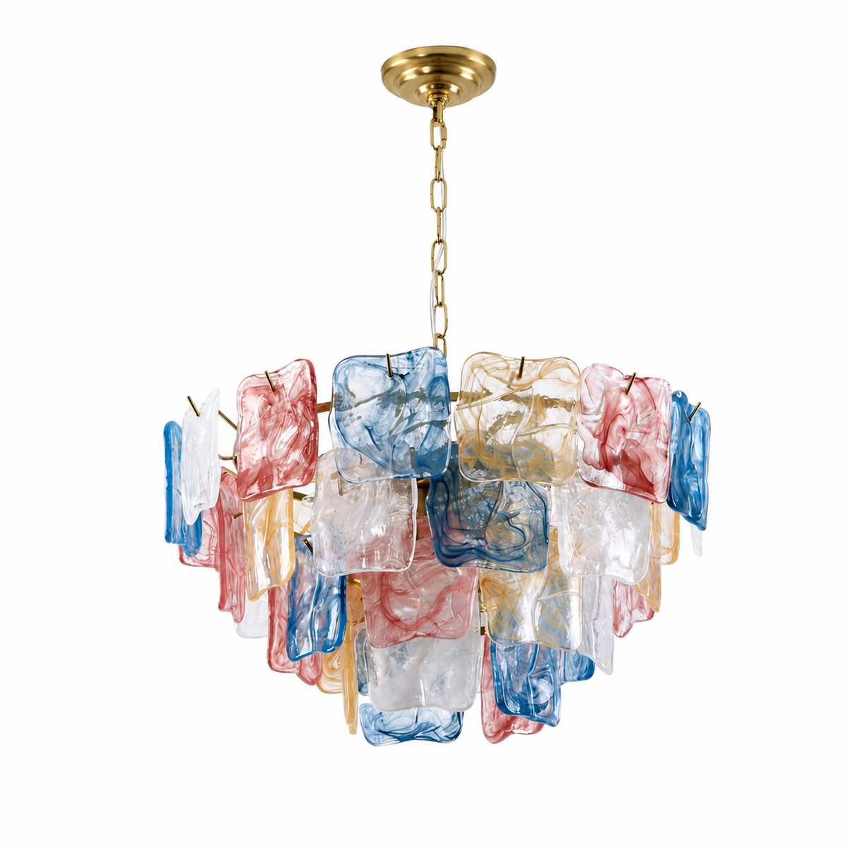 A multi-light chandelier featuring multiple rectangular glass shades in blue, red, and clear glass, suspended from a gold-toned chain and ceiling canopy against a white background.