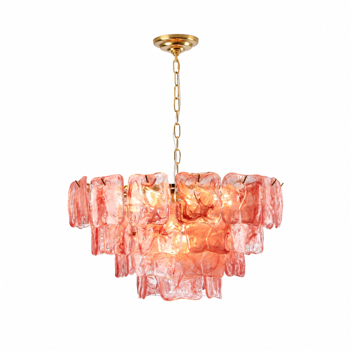 A modern tiered chandelier featuring textured, translucent pink glass shades suspended from a gold-finished chain and canopy, shown against a plain white background.