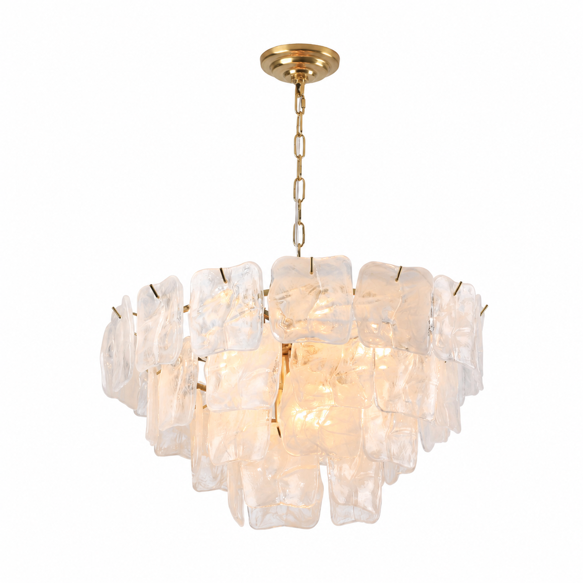 A modern multi-light chandelier featuring irregular, textured clear glass or acrylic pendants suspended from a brushed gold-tone chain and canopy, shown against a plain white background.