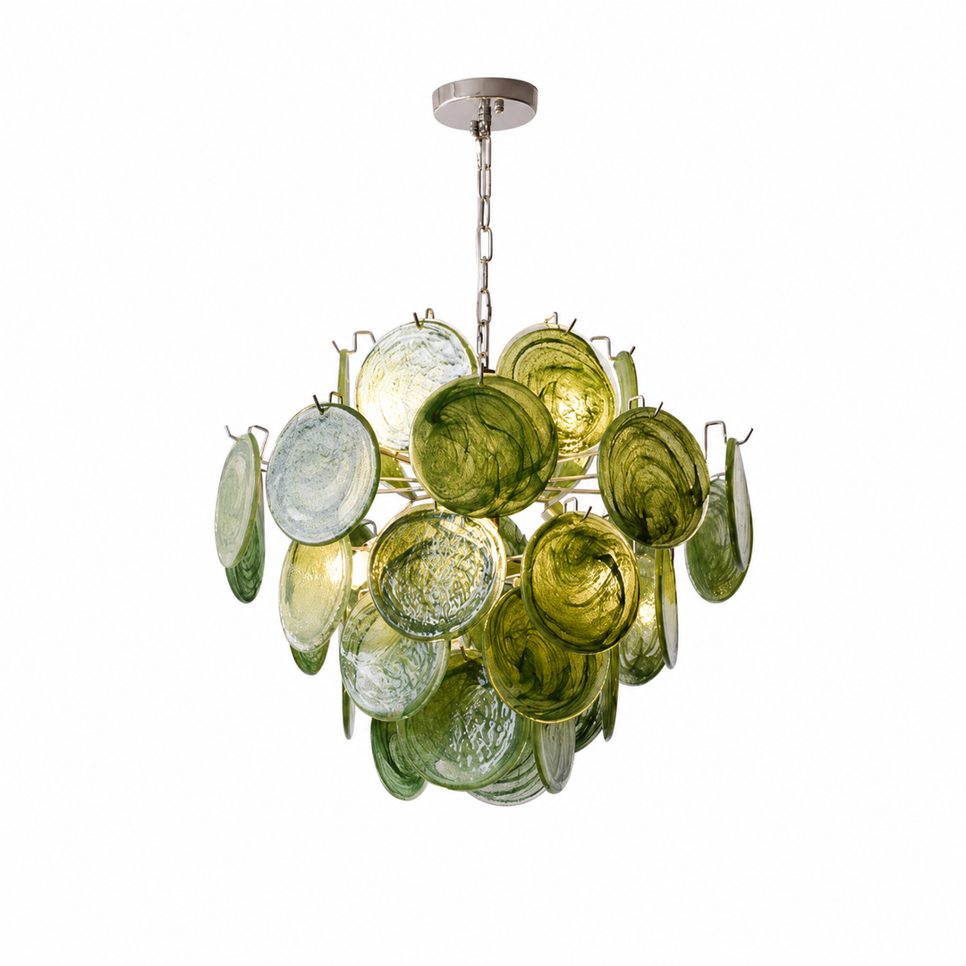 Cluster chandelier of layered green and clear glass discs hanging from a silver chain against a plain white background