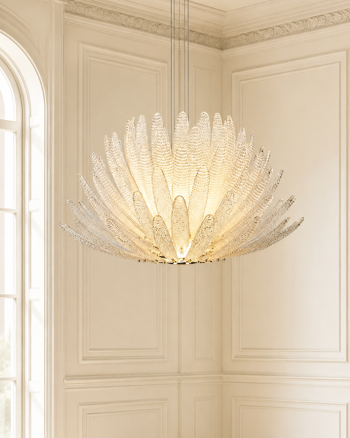 A large, modern chandelier with a sunburst design made of clear textured glass or crystal, suspended from two cables in a classic cream-colored paneled room.