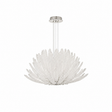 White petal-shaped chandelier suspended by thin cables from a round silver ceiling canopy against a plain white background.