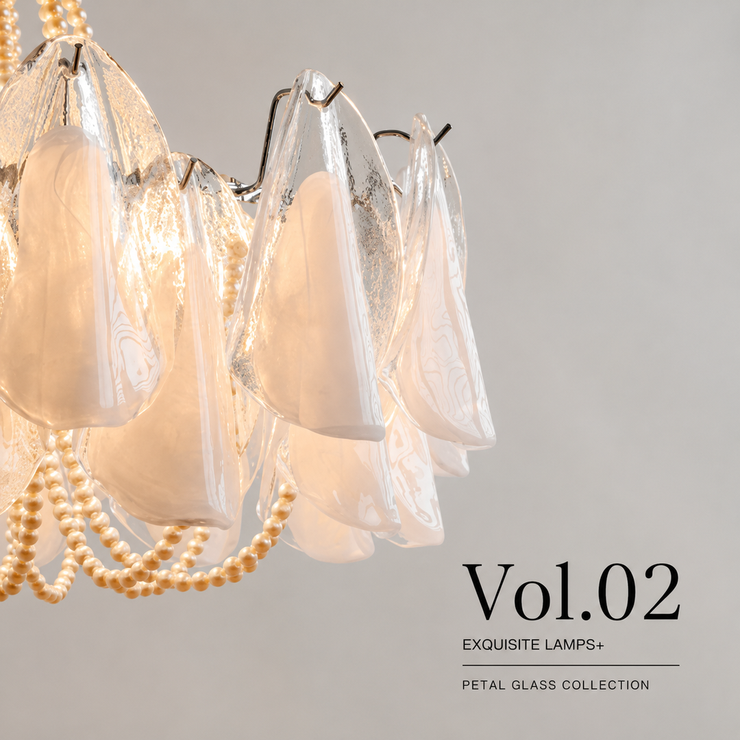A close-up of a chandelier-style pendant lamp with translucent petal-shaped glass shades and warm glowing bulbs, shown against a light gray background with the text 'Vol.02 Exquisite Lamps+ Petal Glass Collection' on the right.