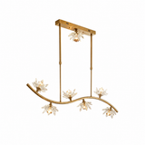 Gold linear chandelier with a curved frame, clear crystal flowers, and two suspension rods against a white background.