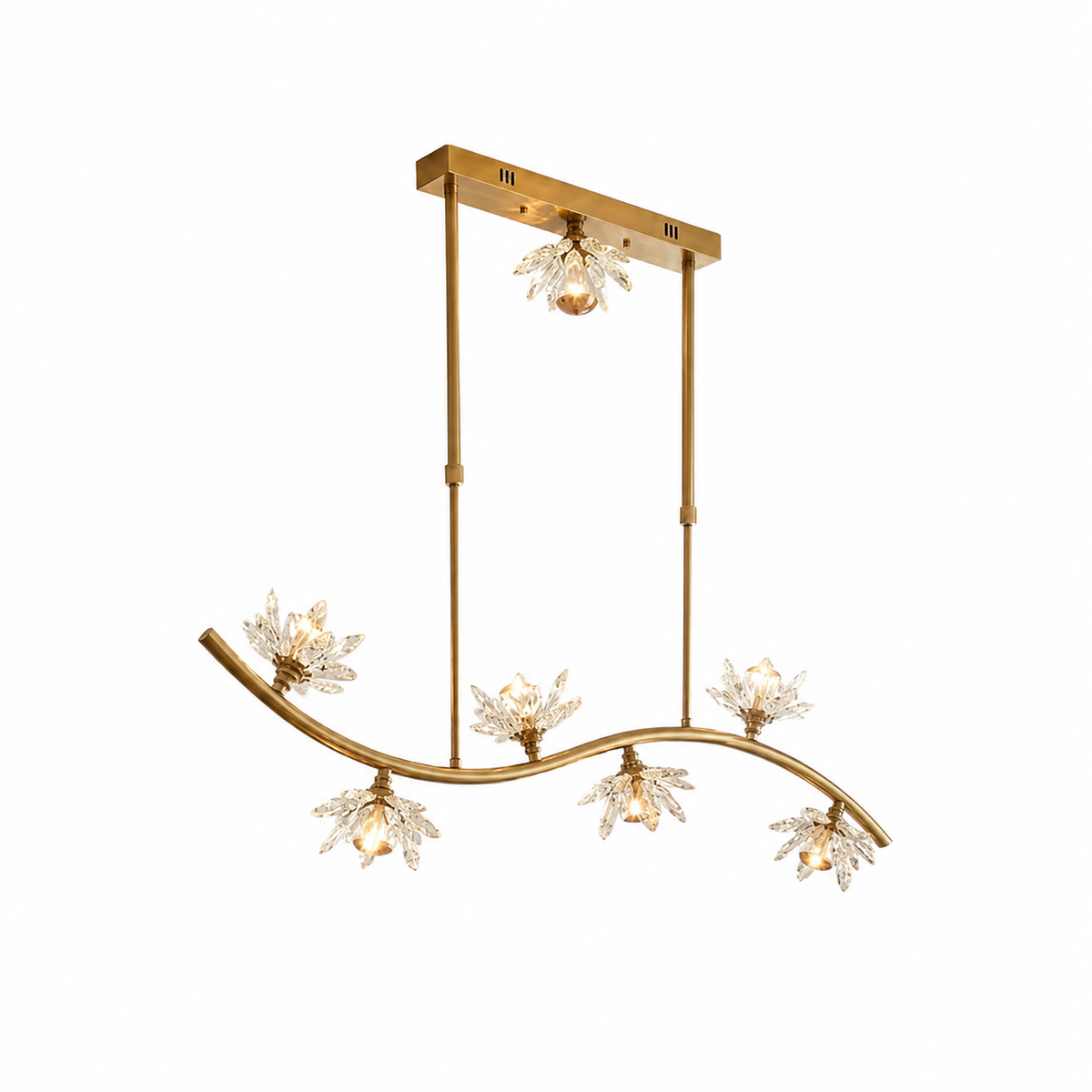 Gold linear chandelier with a curved frame, clear crystal flowers, and two suspension rods against a white background.