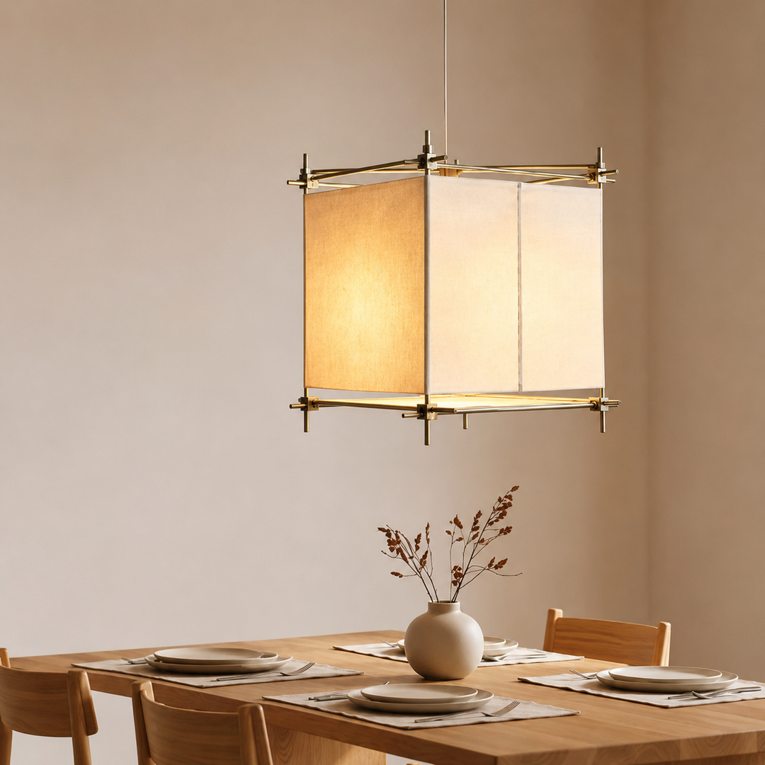 A cream fabric hanging lamp with a gold-toned frame hangs above a wooden dining table set with plates and a vase.