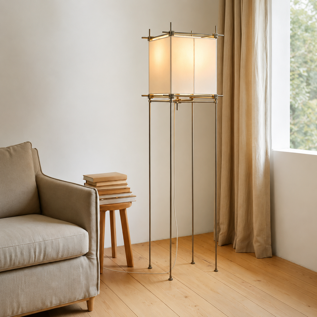 A modern floor lamp with a slim brass frame and glowing rectangular white shades stands in a minimalist living room next to a beige armchair and a small wooden stool.