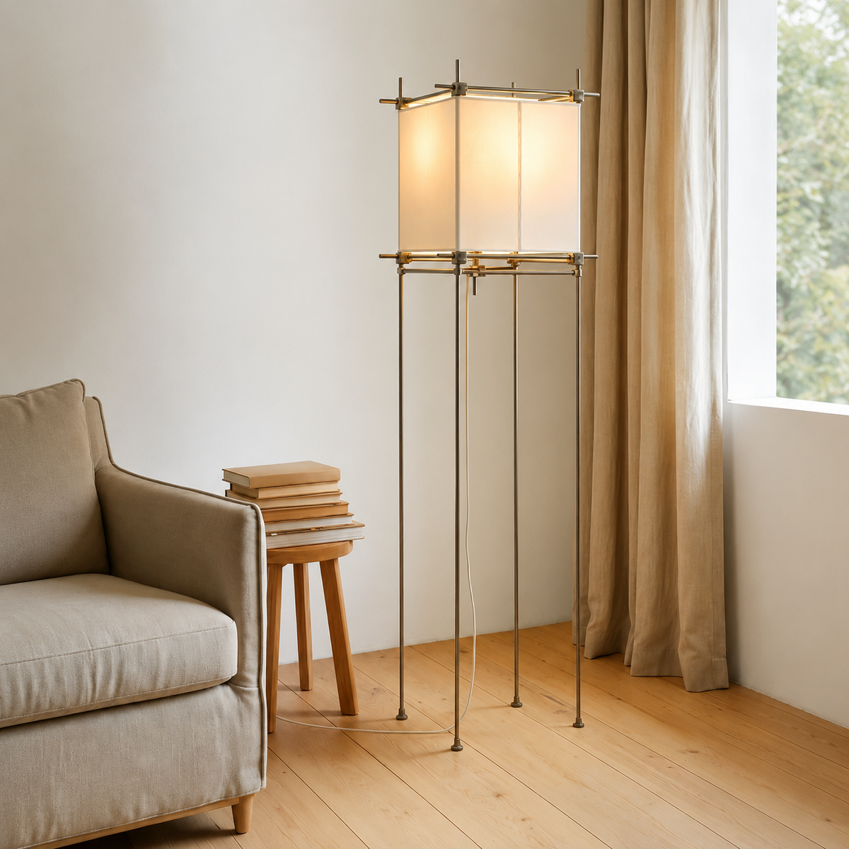 A modern floor lamp with a slim brass frame and glowing rectangular white shades stands in a minimalist living room next to a beige armchair and a small wooden stool.