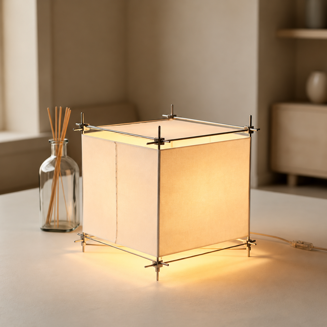 A modern square table lamp with a glowing warm white fabric shade and a thin metallic frame, shown on a tabletop next to a glass reed diffuser bottle in a softly lit interior setting.