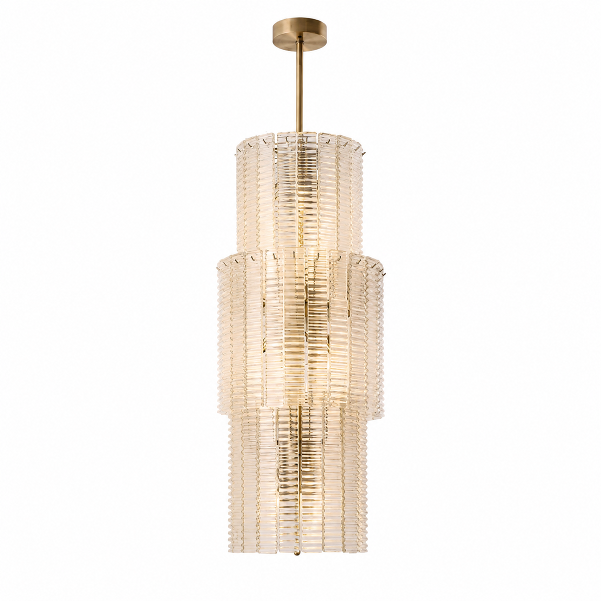 A modern multi-tiered pendant chandelier with a brushed gold finish and clear ribbed glass shades, shown against a plain white background.