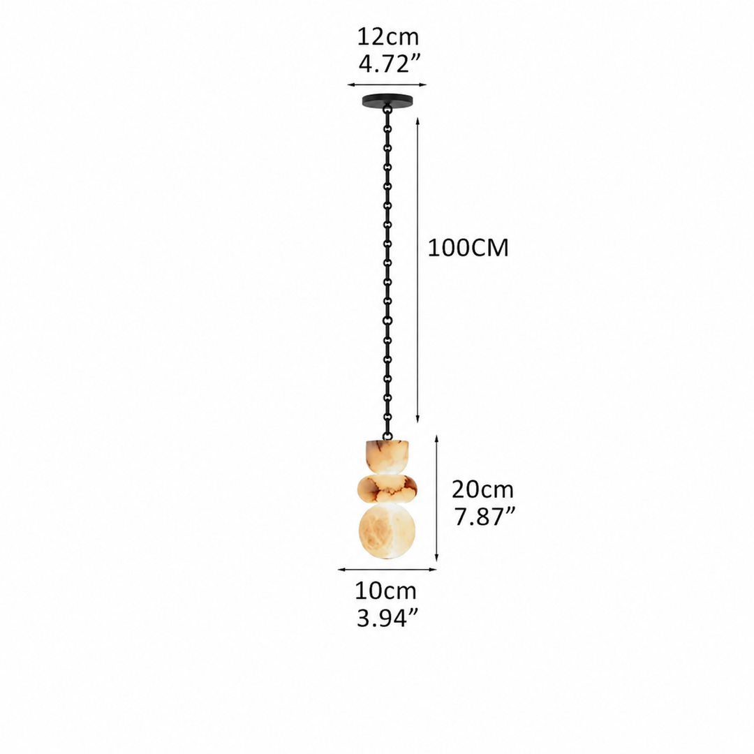 Natural marble chandelier with black chain on white, labeled 100 cm suspension, 20 cm shade height, and 10 cm width.