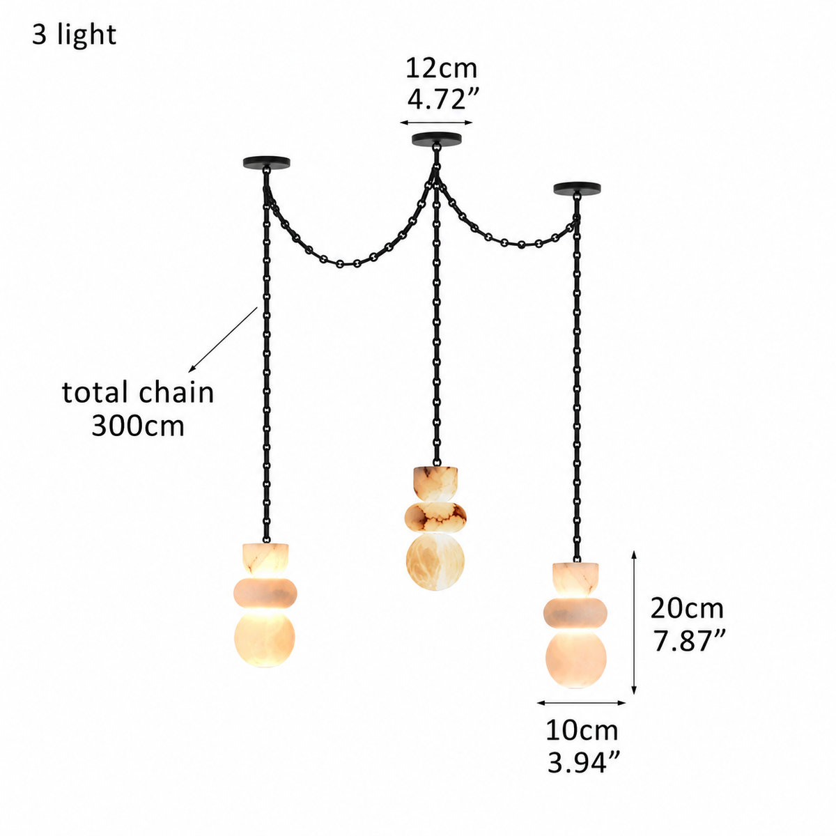 A 3-light chandelier pendant lamp with black metal chains and warm beige stone shades, shown with dimension labels on a white background.