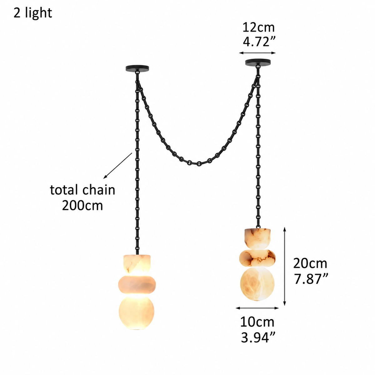 A two-light pendant chandelier with black metal chains and organic-shaped warm white stone shades, shown on a white background with dimension labels and text indicating total chain length 200cm and individual shade heights.