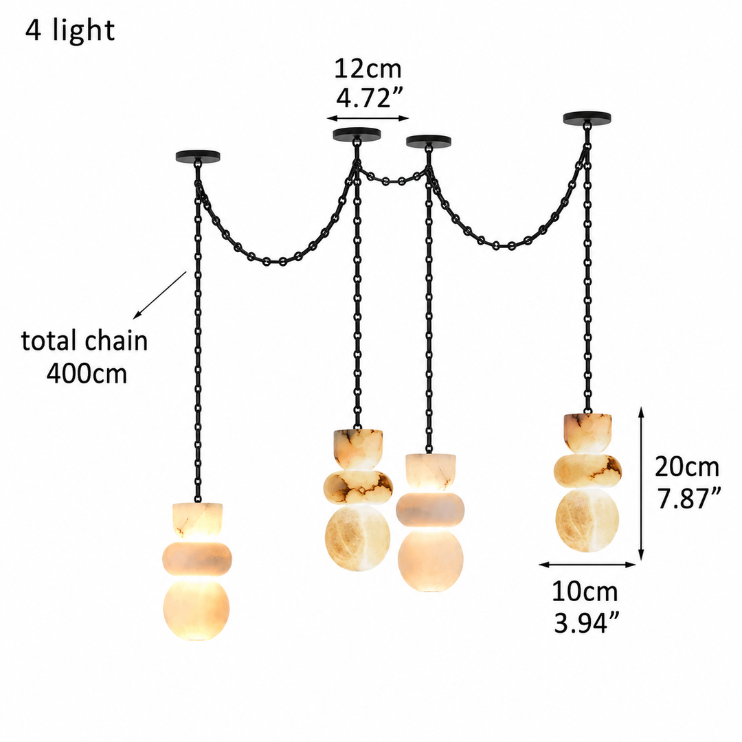Four-light pendant chandelier with black metal chains and warm white stone shades, shown on a white background with dimension labels: 12cm spacing between top fixtures, 20cm shade height, 10cm shade width, and total chain length 400cm.