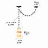 Glowing marble chandelier with black chain swagged between two ceiling mounts on white, labeled 200 cm total chain and 20 cm shade height.