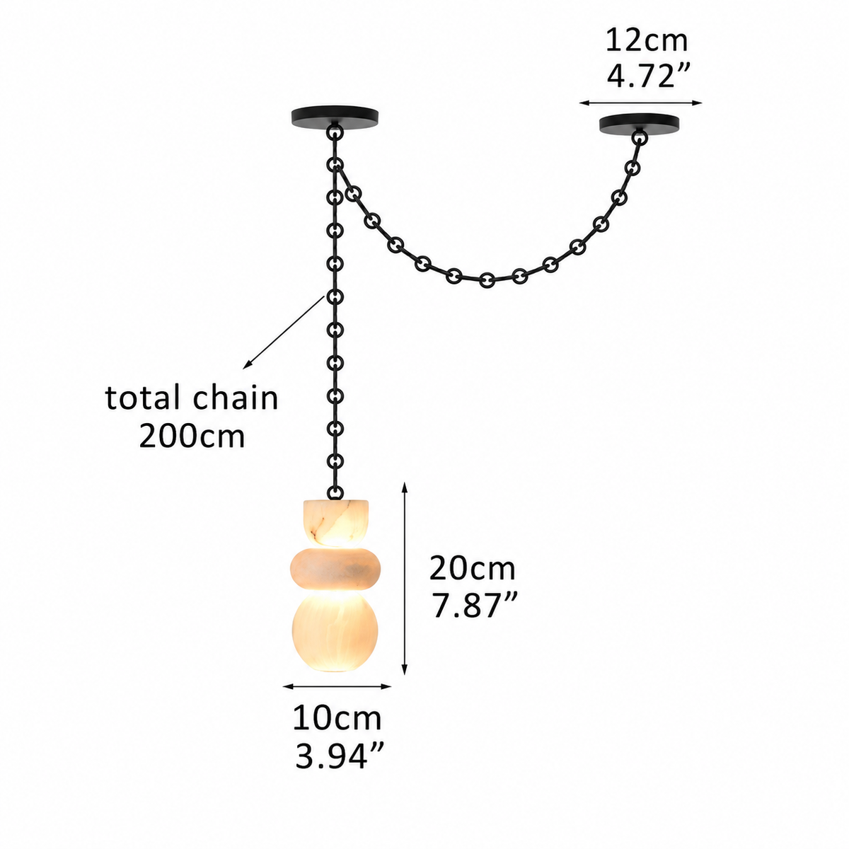 Glowing marble chandelier with black chain swagged between two ceiling mounts on white, labeled 200 cm total chain and 20 cm shade height.