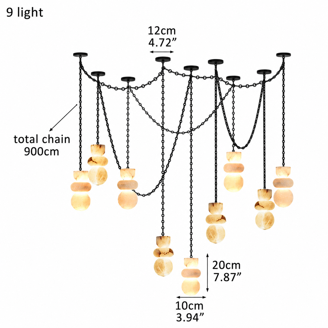 A 9-light chandelier diagram with labeled dimensions: total chain length 900cm, 12cm pendant spacing, 20cm light spacing, 10cm shade width, and glowing warm light bulbs. The image is a clean technical-style product schematic on a white background.