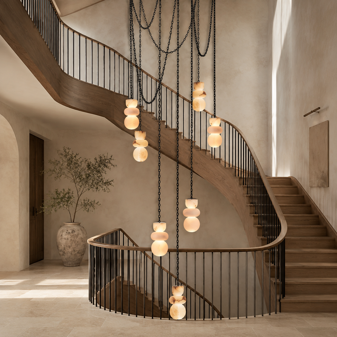 A marble chandelier with glowing cream shades hangs from long black chains through the center of a curved staircase.