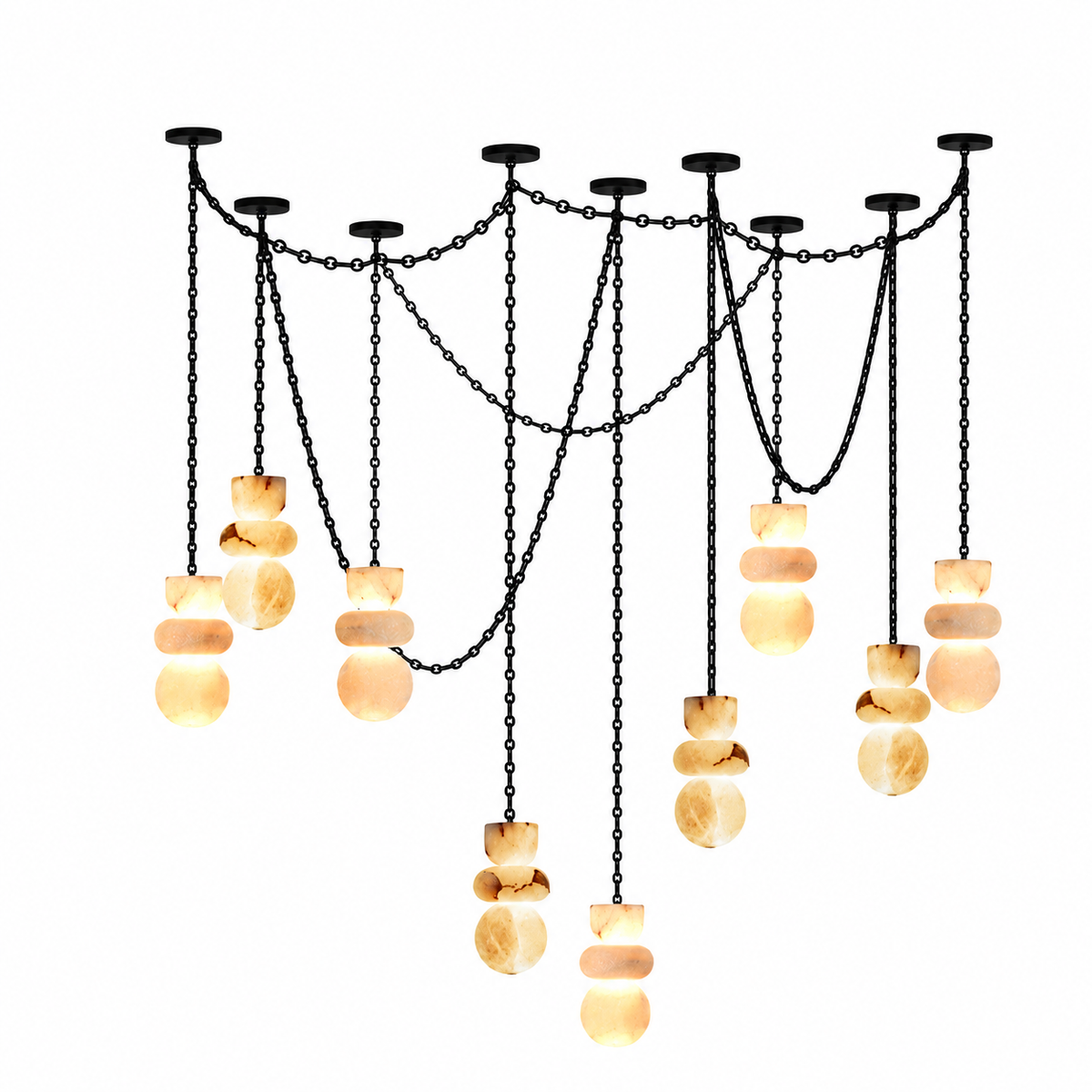 A modern multi-light chandelier featuring black metal chains, draped chains, and stacked amber-colored glass or acrylic discs that glow with warm light, set against a solid white background.