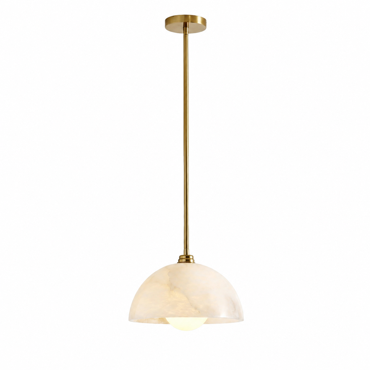 A modern pendant light fixture with a brushed brass/gold metal rod, circular canopy, and a dome-shaped translucent glass shade that glows with a warm light, shown against a solid white background.