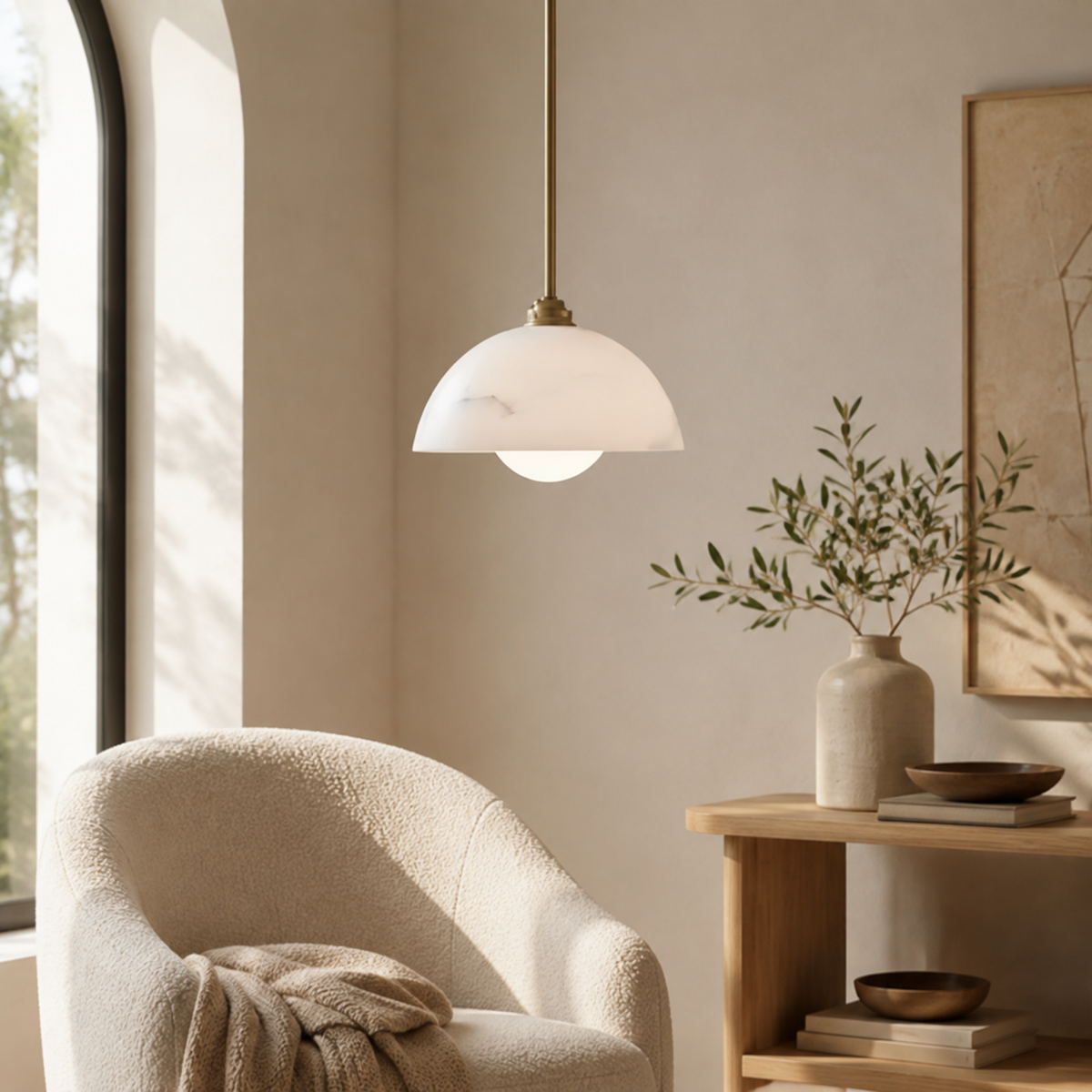 A modern pendant light with a white marble-look dome shade and a brass rod hangs in a softly lit room above a cream bouclé armchair and a wooden side table with a vase of greenery.