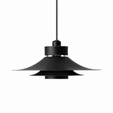 A matte black pendant light with a wide, layered conical shade suspended from a thin black cord against a solid white background.