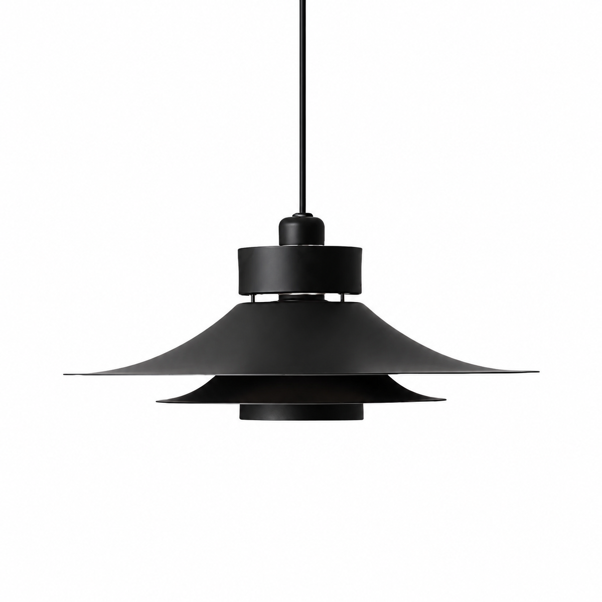 A matte black pendant light with a wide, layered conical shade suspended from a thin black cord against a solid white background.