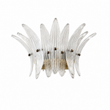 Wall sconce with clear ribbed glass leaves fanning upward from a gold-toned frame against a white background.