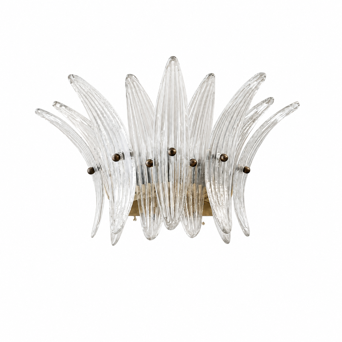 Wall sconce with clear ribbed glass leaves fanning upward from a gold-toned frame against a white background.
