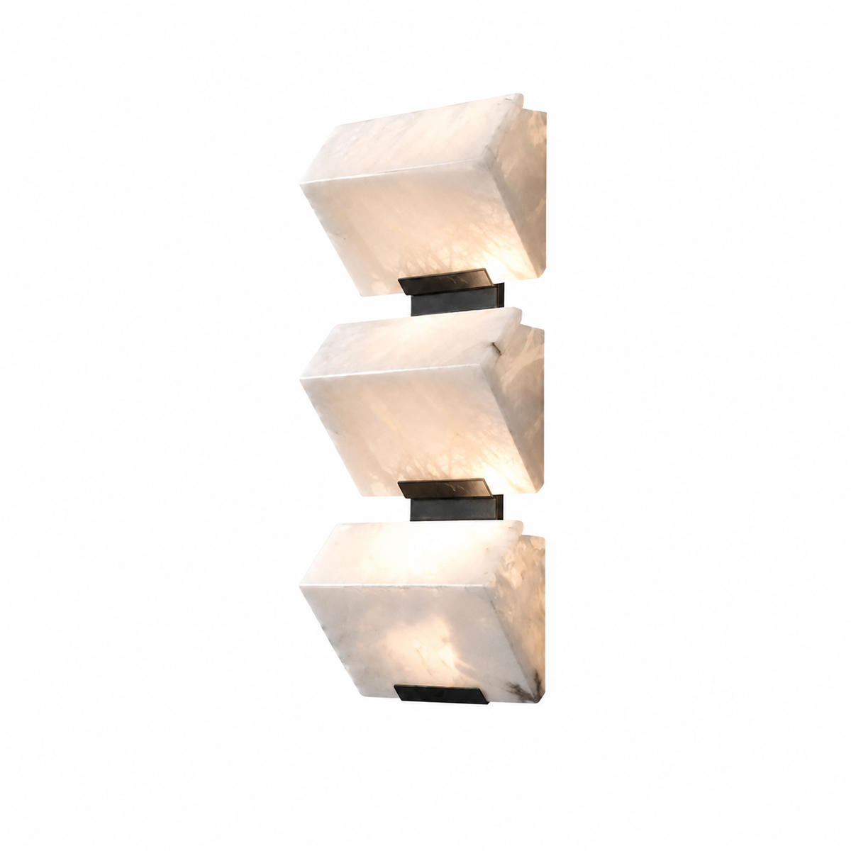 A modern three-light wall sconce featuring textured, translucent white stone or acrylic geometric blocks mounted on a slim black metal frame, shown against a solid white background.