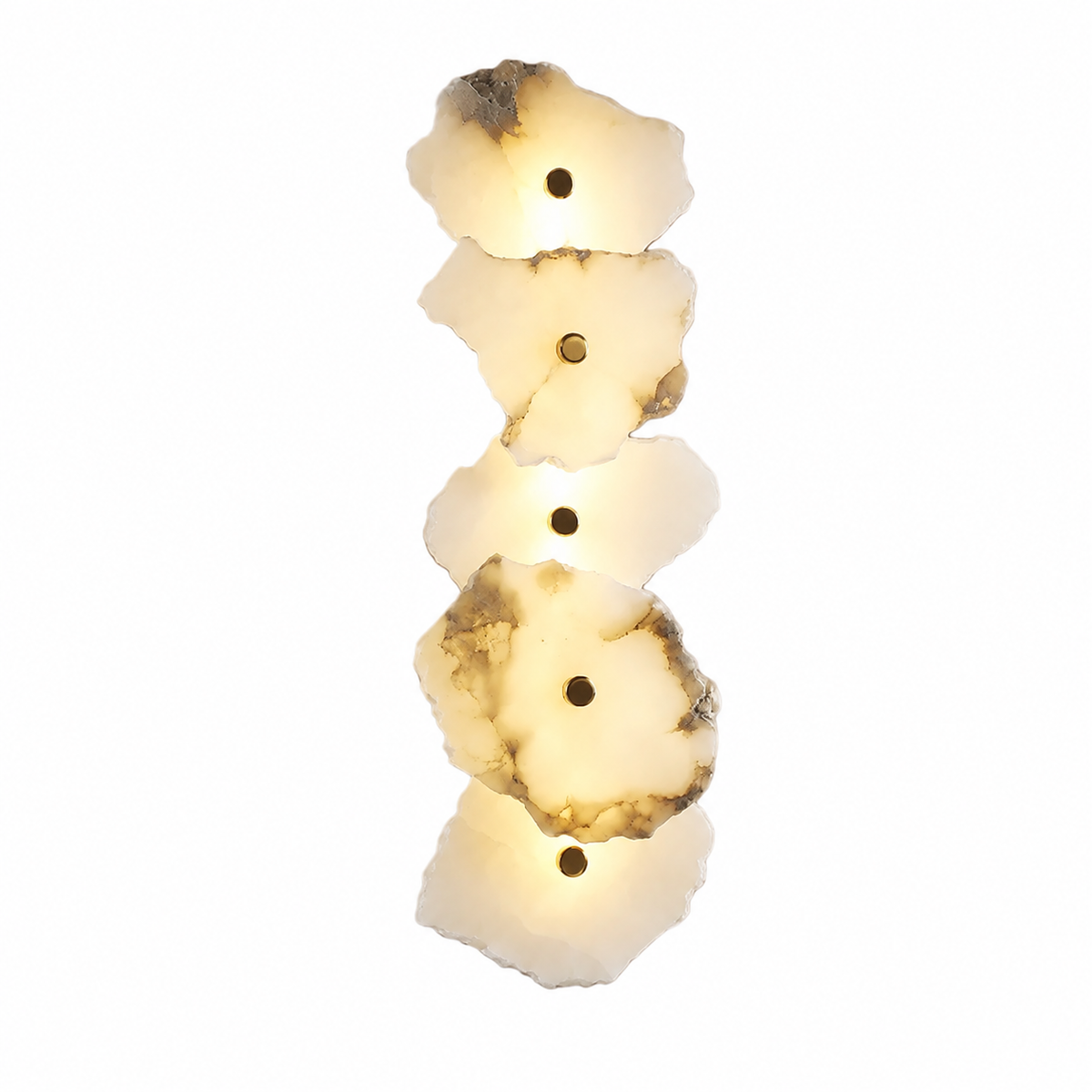 Vertical wall sconce with five overlapping cream alabaster petals, brass-tone circular accents, and a warm glow against a white background.