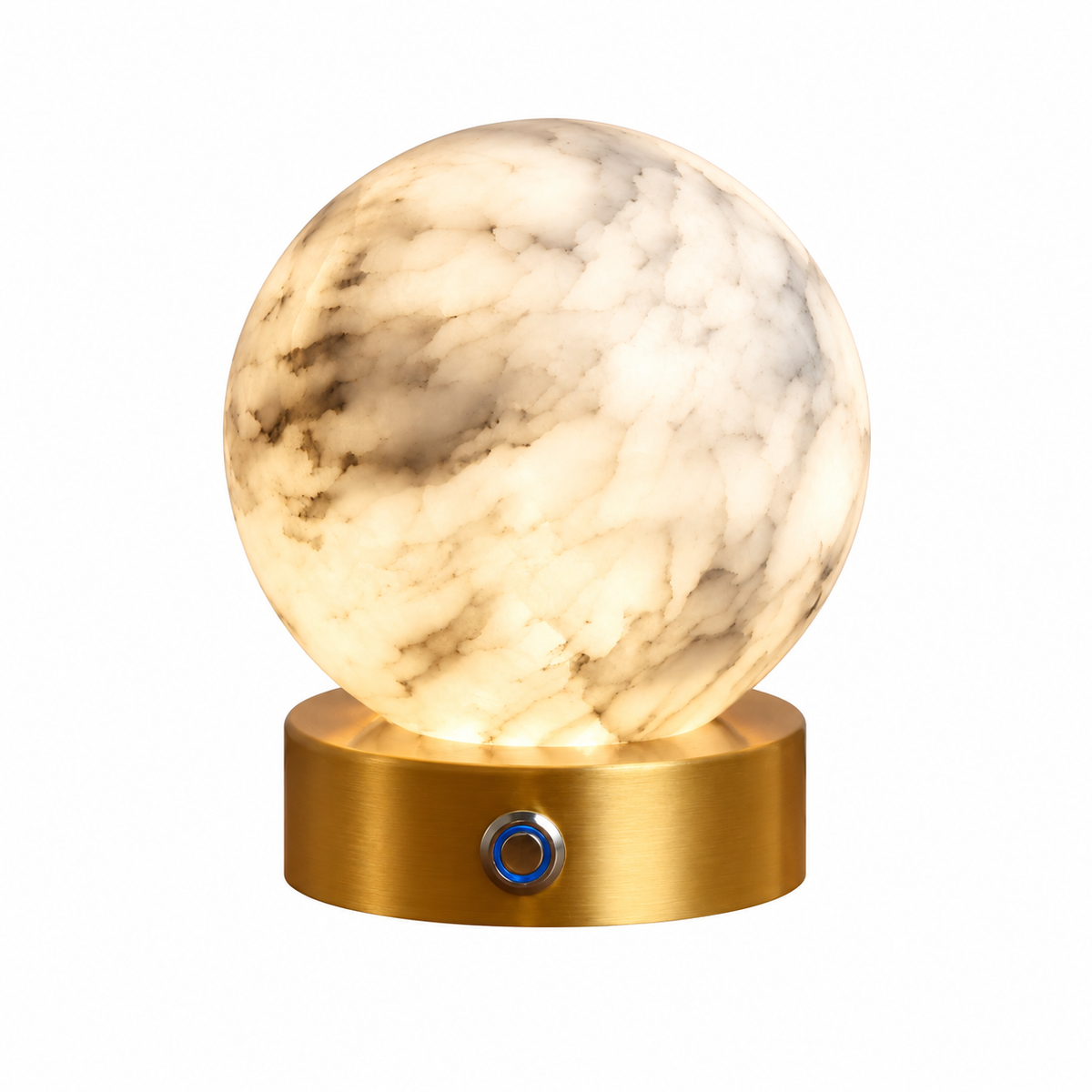 Table lamp with a glowing, veined alabaster globe and gold-toned copper base with a circular button against a white background.